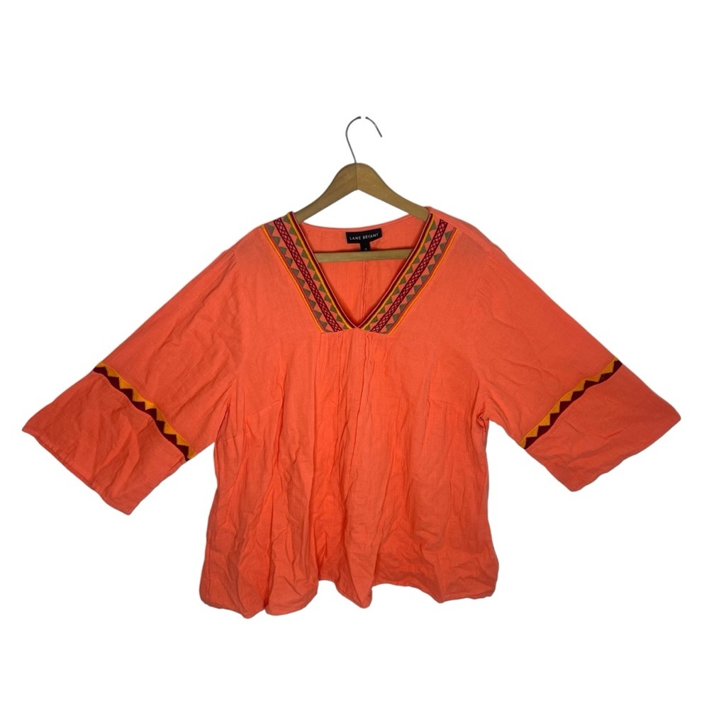 Lane Bryant Boho Peasant Top Orange Embroidered Cotton Blouse Size 20 Festival